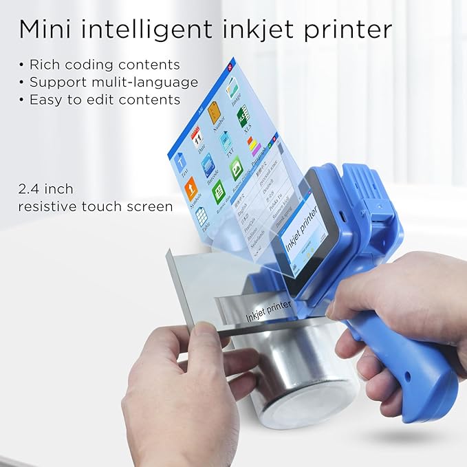 Handheld Inkjet Printer with 42ml Quick-Drying Ink Cartridge, 0.5 Inch Nozzle Ink Jet Coding Machine for EXP Date/Batch Number/QR Code/Barcode/Logo/Text (ZM-C12mini) (Blue)
