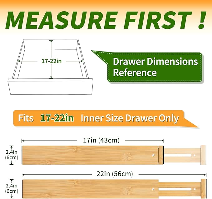 Bamboo Drawer Organizers 4 Pack, 17-22" Adjustable Spring Loaded Dividers for Kitchen Utensils, Silverware, Clothes, Dresser, Bathroom and Office Storage