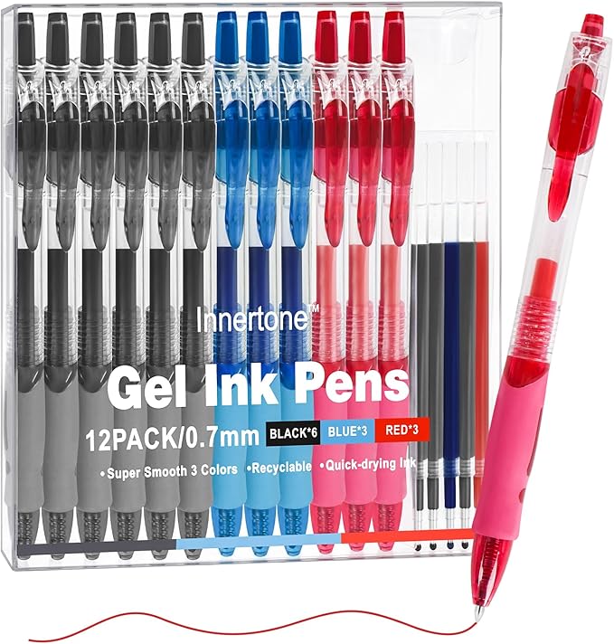Innertone Black/Red/Blue Gel Pens, 12 Pcs Retractable Fine Point 0.7mm, with 5 Pen Refills,Red/Black/Blue Pen, with Quick-Drying Ink, Suitable for Women, Men, Journal, School, Office