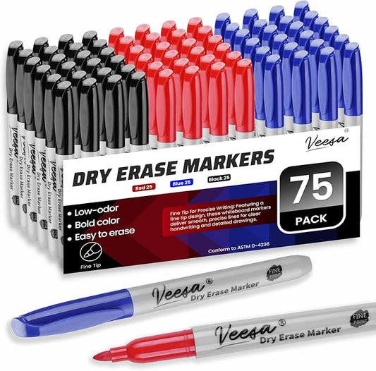 VEESA Dry Erase Markers Fine Tip, 3 Assorted Colors, 75 Pack Low-Odor Whiteboard Marker Pens Bulk, Office Series, Classroom Set