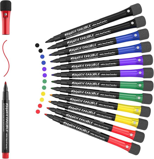 Magnetic Dry Erase Markers Fine: 12 Count 6 Colors Erasable Whiteboard Markers Fine Point with Eraser Cap, Low Odor White Board Dry Erase Pens Fine Tip for Kids & Teachers, Home, Office