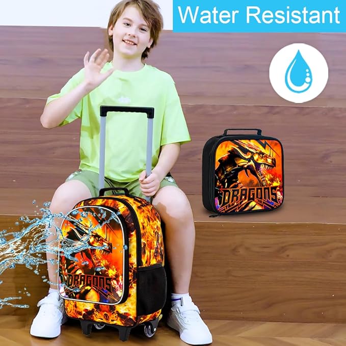 3Pcs Dragon Rolling Backpack for Boys, Kids School Backpacks with Wheels, Roller Bookbag with Lunch Box for Elementary Preschool(Orange)