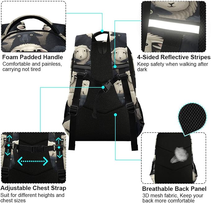 Backpack for Students Boys Girls Black White Lamb Sheep School Bag Travel Daypack Rucksack