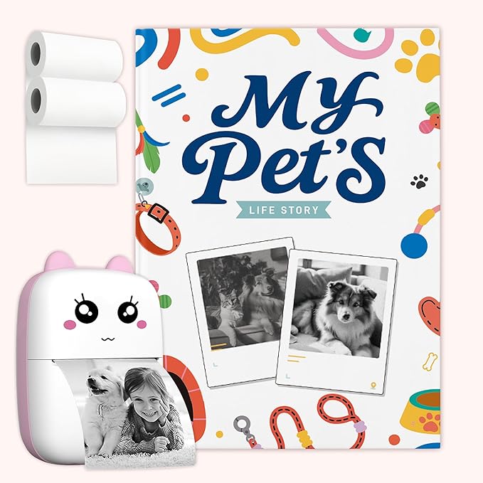 Bluetooth Mini Pet Photo Printer with Diary Book – Portable Thermal Sticker Printer for Smartphone – Includes 3 Rolls & “My Pet's Life Story” by Sean Doherty a Lifelong Animal Lover (Especially Dogs)