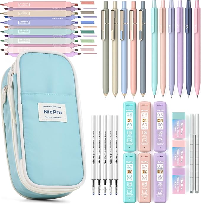 Nicpro 39 PCS Aesthetic School Supplies with Cute Pencil Case, 12 Pastel Highlighters, 5 Black Gel Pens for School, 6 Mechanical Pencils Set 0.5 & 0.7mm for Student Stationary College Essentials(Blue)