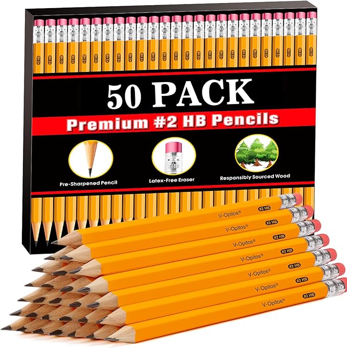 V-Opitos Wood-Cased #2 HB Pencils, 50 Pack Pre-Sharpened with Top Erasers, Bulk Yellow Pencils for School, Writing, Drawing and Sketching