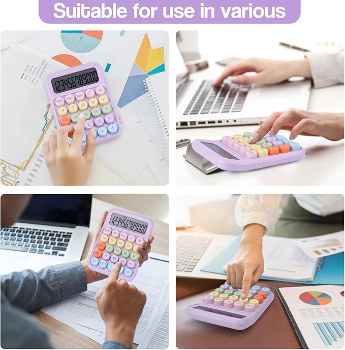 Mechanical Pushbutton Calculator,12 Digit Large LCD Display,Big Buttons Easy to Press,Colorful Candy Calculator,Automatic Sleep,with Battery.for Office,School, Home. (Purple)