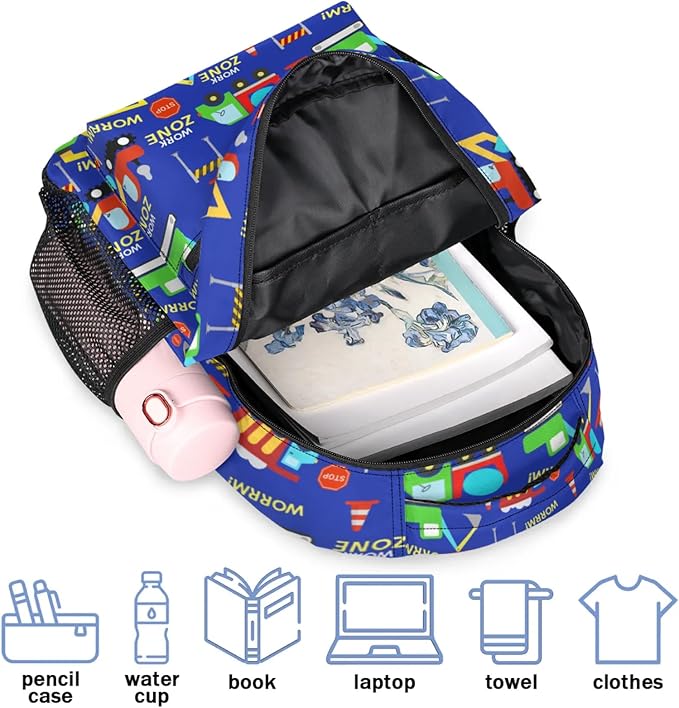 Kids Backpack for Boys Girls - School Bags for Primary Middle High School College Waterproof Casual Daypack Bookbag Lightweight Laptop Travel Backpack (Construction Trucks)
