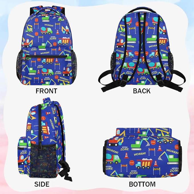Kids Backpack for Boys Girls - School Bags for Primary Middle High School College Waterproof Casual Daypack Bookbag Lightweight Laptop Travel Backpack (Construction Trucks)