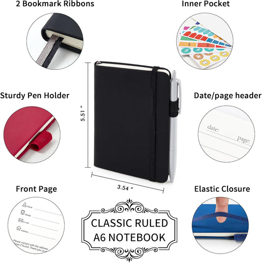 feela Pocket Notebook Notepad, Mini Cute Small Hardcover College Ruled Journals Office School Supplies, with 3 Black Pens, 3.5”x 5.5”, 3 Pack, A6, Vintage Colors, Red, Blue, Black