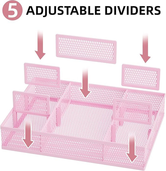 Marbrasse 2 Pack Desk Drawer Organizer, Mesh Drawer Organizer Tray with 8 Adjustable Compartments, Desk Organizers and Accessories, 5 Dividers Drawer for Office Supplies, Makeup & Vanity (Pink)