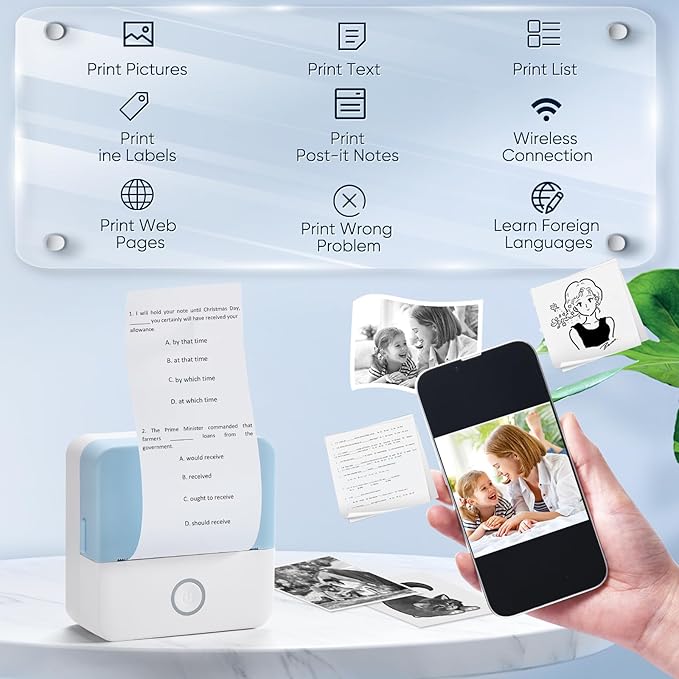 Mini Pocket Printer - Inkless Sticker Printer, Compatible with iOS + Android for Study Notes, Memo, Fun, Work, Journal