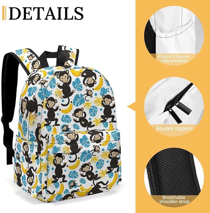 17 Inch Laptop Backpack Monkey Banana Palm Tree Leaves Teen Girls Boys School Backpack Bags Travel Bookbag Back Pack Outdoor Daypack for Women Men