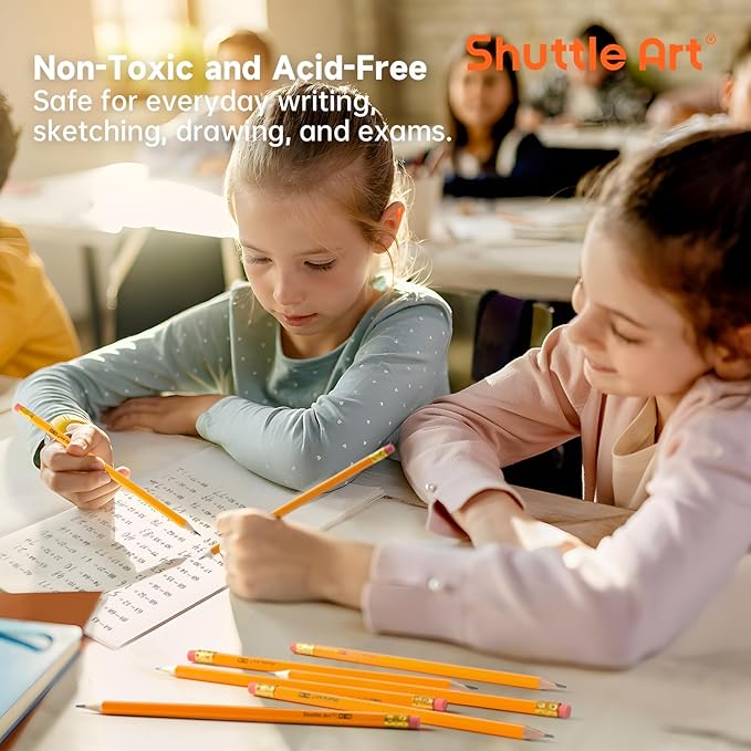 Shuttle Art 60 Pack Pencils, #2 HB, Pre-sharpened Pencils with Top Erasers, Premium Woodcased Yellow Pencil Bulk for Classroom & School Supplies, Writing and Drawing