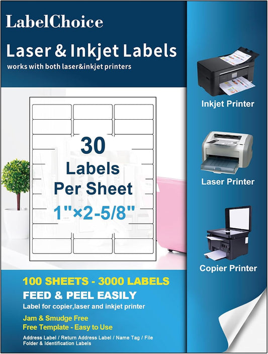 100 Sheets 3000 Pcs 30-up 1" x 2-5/8" Shipping Address FBA Labels for Laser & Inkjet Printers, 30 Up Labels 1 x 2-5/8 on US Letter,30 per Sheet Return Address Stickers, 30 per Page