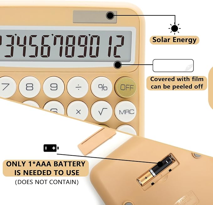 Beige Standard 12 Digit Calculator with Large LCD Display and Big Buttons - Cute Office, School, Home, Business Accessory