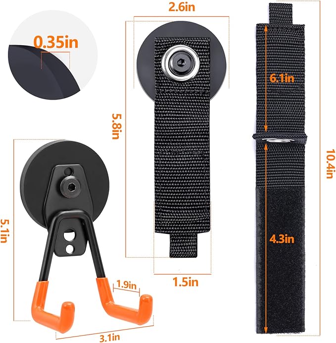 Homde Heavy Duty Magnetic Hook, 2 Velcro Strap and 2 Magnet Holder Combine, 2.6 inch Strong Utility Garage Hanger for Workshop,Toolbox, Storage (2 Black + 2 Orange)