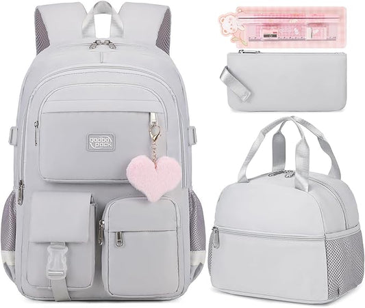 3PCS School Backpack For Student Women College Middle High Teen Girls Bookbag Waterproof Laptop Bag Grey
