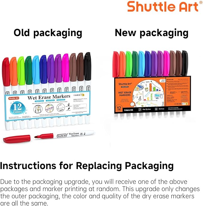 Shuttle Art Wet Erase Markers, 12 Colors 1mm Fine Tip Overhead Projectors Transparency Smudge-Free Markers, Works for Laminated Calendars Whiteboard Schedule Glass, Wipe with Water