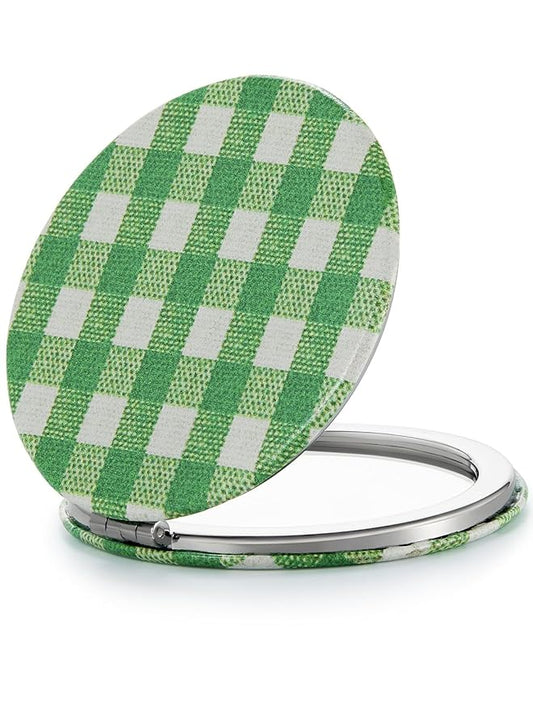 OMIRO 1X/10X Compact Magnifying Mirror, Unique Plaid Pattern Pocket Mirror with Classic PU Leather, Round, Green Plaid