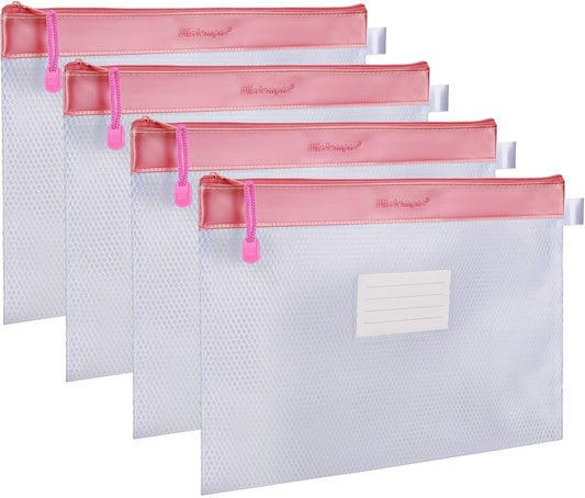 Zipper Pouch, Wisdompro 4 Packs Durable Letter Size Waterproof Mesh File Bag, Document Organizer - Pink