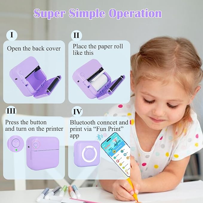 Mini Thermal Inkless Sticker Printer with 14 Rolls Paper, Compatible with iPhone/Android Phone/Tablet, Mini Pocket Printer for Photos/Stickers/Labels/Notes, Purple