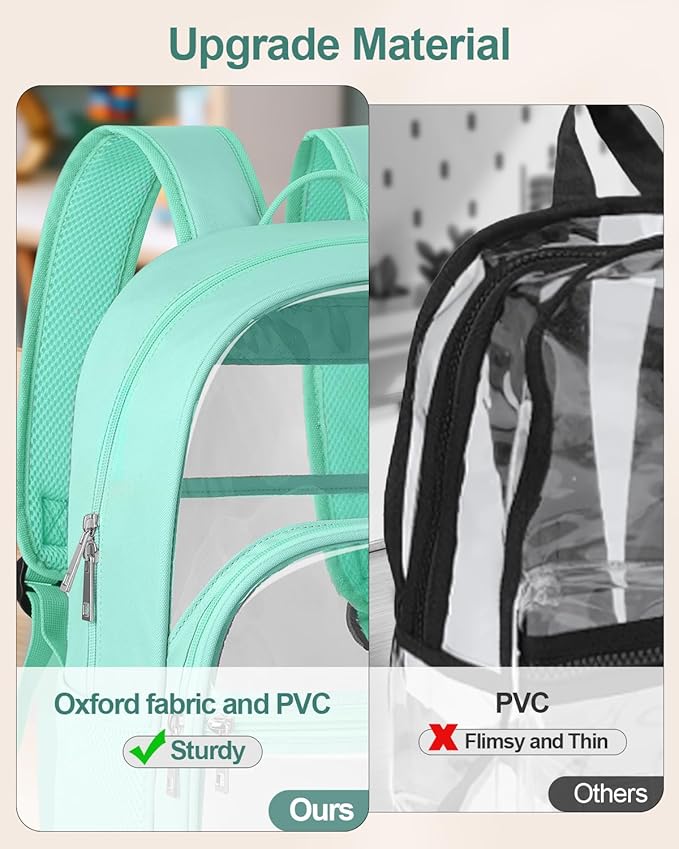 Clear Backpack, Heavy Duty Transparent Bookbag for School, Fabric & PVC Transparent Backpack with Reinforced Strap for Women Men, Capacity Clear Bag for College, Turquoise
