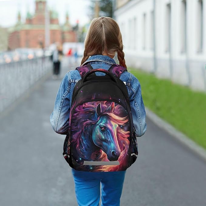 Horse Backpack for Students Boys Girls Glowing Purple Horse School Bag Travel Daypack Rucksack