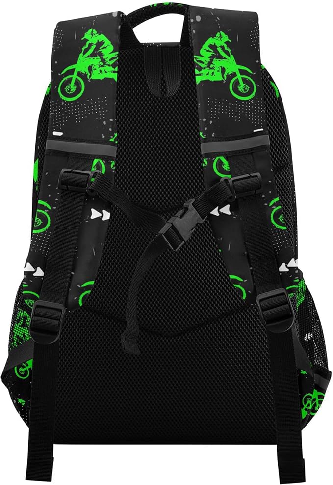 Green Motocross Backpack for Girls Kids Boys School Bookbags, Student Laptop Backpack Carrying Bag Casual Lightweight Travel Sports Day Packs