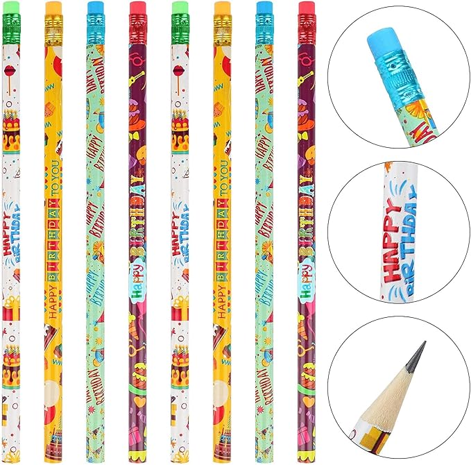 Kolewo4ever 100 Pieces Happy Birthday Pencils Colorful Printed Birthday Pencil with Top Erasers for Teachers Classrooms Reward Birthday Party Kids Gifts Supplie