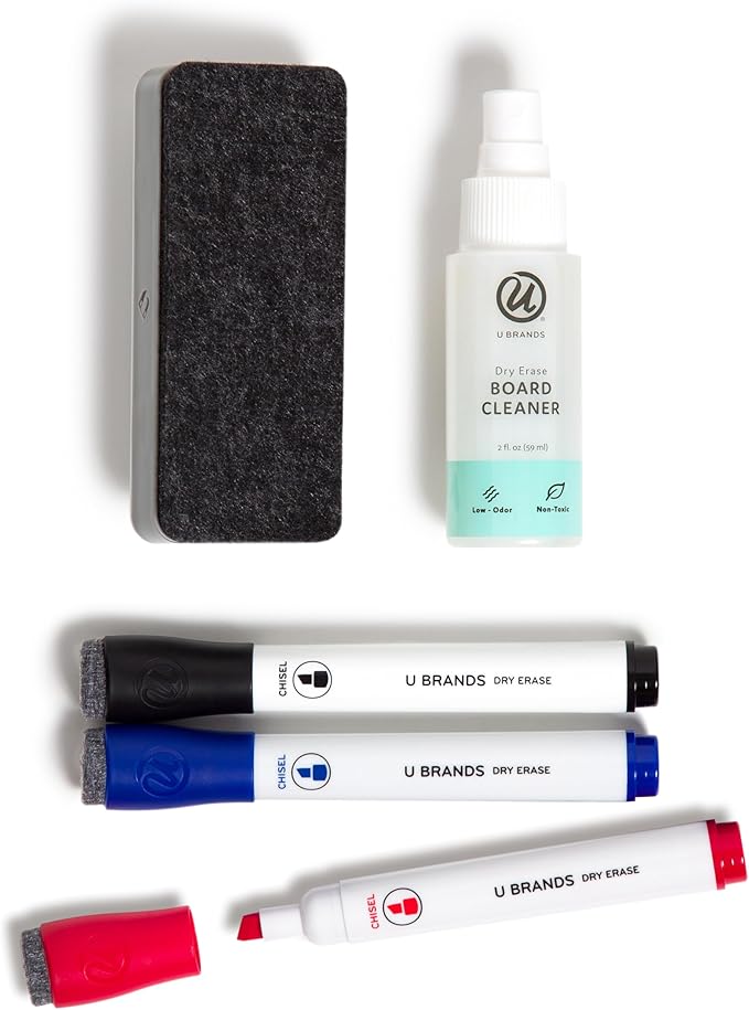 U Brands Fine Tip Dry Erase Markers with Eraser Set of 5, Includes 3 Whiteboard Markers, 1 Eraser, and 1 Board Cleaner Spray