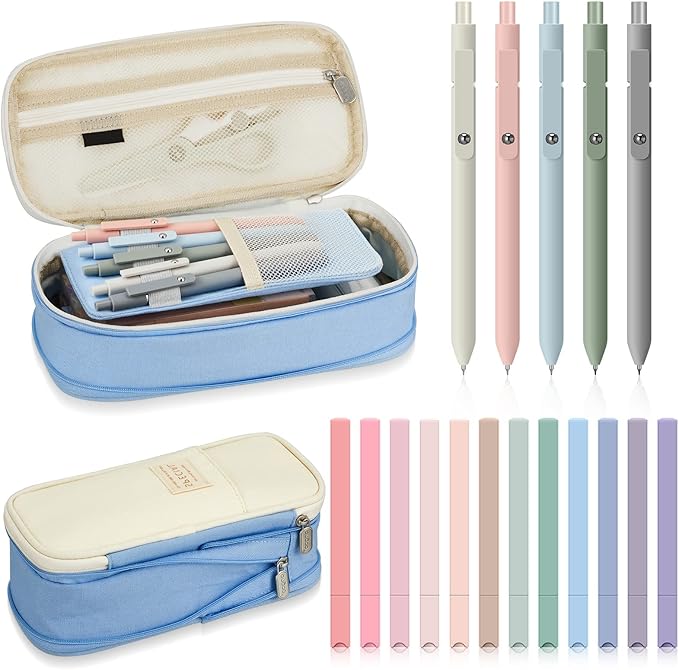 Henoyso 18 Set Aesthetic School Supplies Include Big Capacity Study Pen Bag with Zipper 12 Pcs Chisel Tip Bible Highlighters 5 Pcs Quick Dry Retractable Black Ink Pens for Student Office(Light Blue)