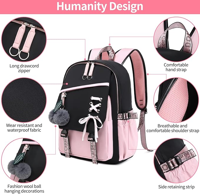 Teenage Girls Bookbag School Backpack Children Casual Daypack Schoolbag for Teens Black Pink