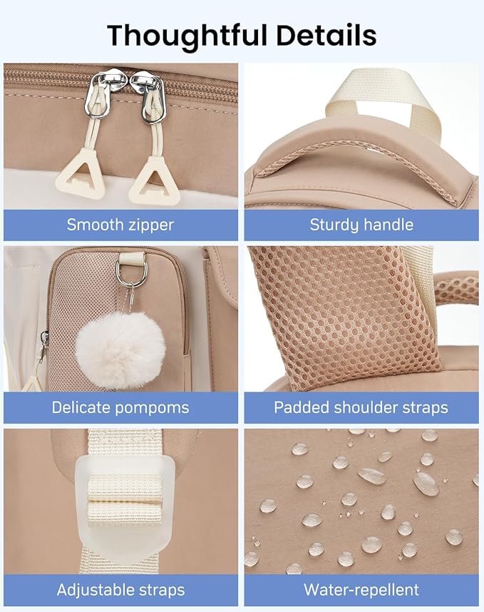 School Backpack for Teen Girls, 15.6in Laptop Bag Cute Bookbag Aesthetic for Middle High School Big Student College Women (Khaki Beige)