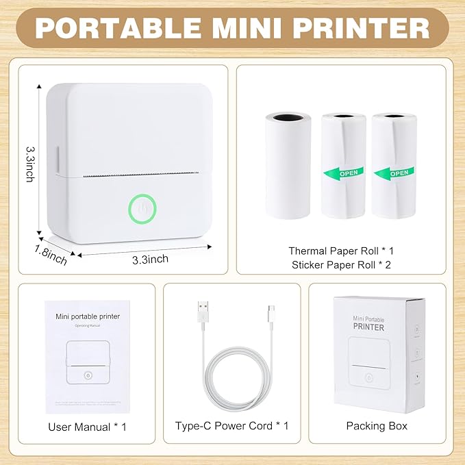 cudinham Print Pods Mini Printer, Thermal Inkless Sticker Maker with 3 Rolls Paper, Pocket Printpod for Phone, Impresora Portátil for Notes, Flashcards, Journal, DIY (Pure White)