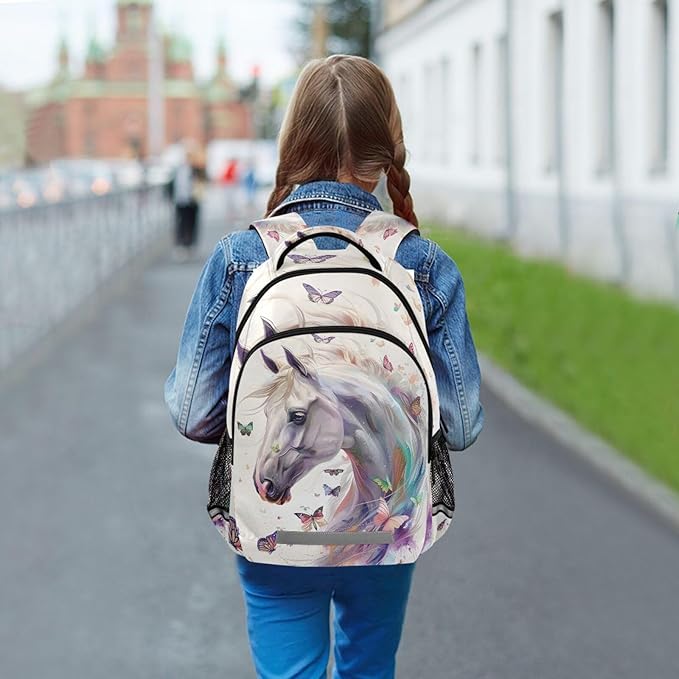 White Horse Butterfly Backpack for Girls Boys Elementary School Bag Kids Bookbag Travel Rucksack