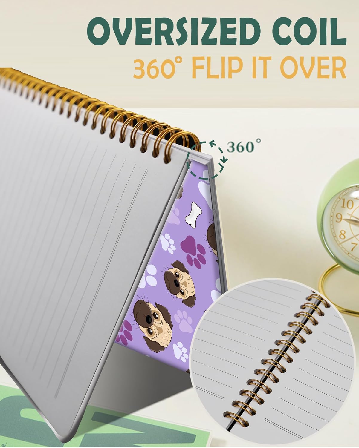 Ruled Spiral Writing Notebook,A5 Hardcover Lined College Journal for Women Lady,Fashion Puppy Watercolor Strong Twin-Wire Binding with Premium Paper,8.4" X 6",Perfect for School,Office,Home Gifts(Pug Bones Paws)