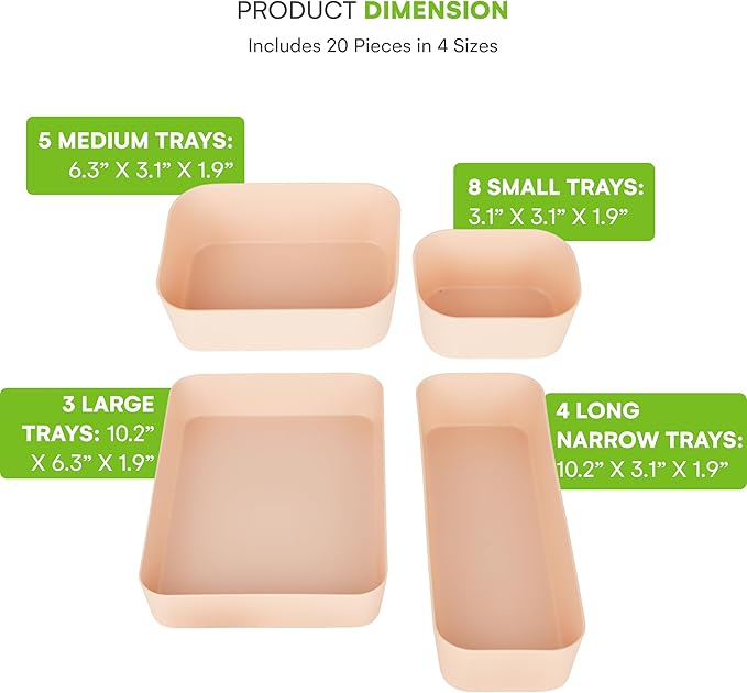 Spacesaver 20-Piece Plastic Drawer Organizer Set – Office, Makeup, Vanity, Bathroom & Desk Drawer Storage Trays – Stackable, Durable PP Bins in Multiple Sizes for Home & Office Organization