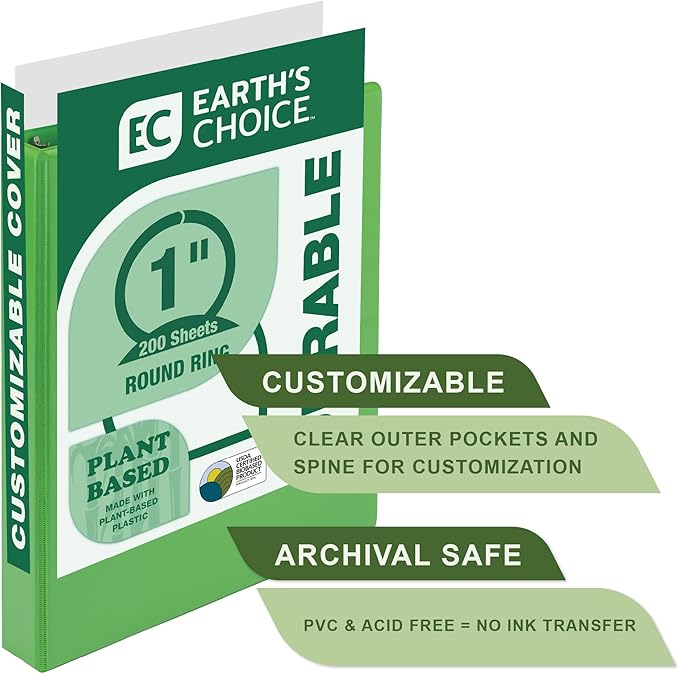 Samsill Plant-Based 1 Inch Durable Round Ring, Made in USA, View Binder, Eco-Friendly, USDA Certified Biobased, 2 Pack, Lime Green