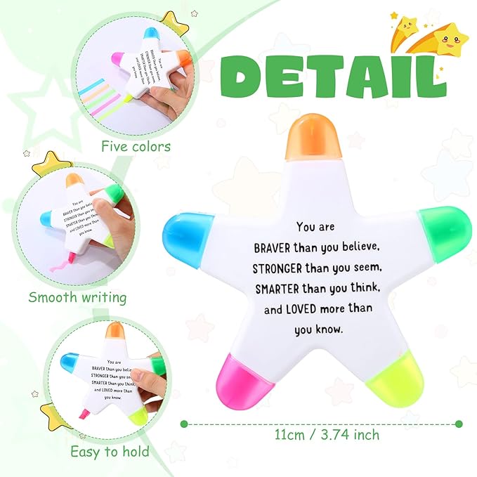 12 Sets Back to School Gifts for Students Star Highlighters with You're a Star Cards Gift Bags 5 in 1 Fluorescent Pens Affirmation Gifts for First Day of School Party Favor (Stronger)
