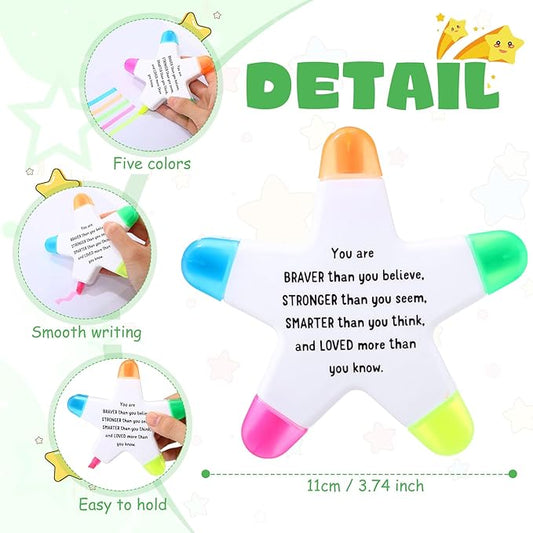 12 Sets Back to School Gifts for Students Star Highlighters with You're a Star Cards Gift Bags 5 in 1 Fluorescent Pens Affirmation Gifts for First Day of School Party Favor (Stronger)
