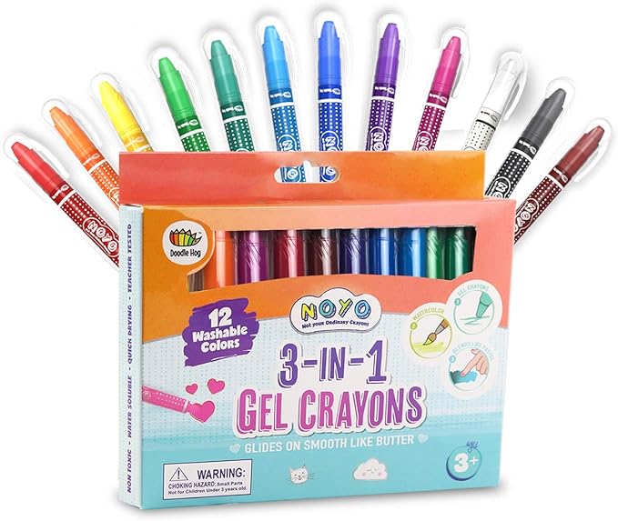DOODLE HOG Washable Crayons 12 Colors, Kids and Toddler Crayons, Watercolor, Non Toxic, 3 in 1, for Kids Ages 4-8