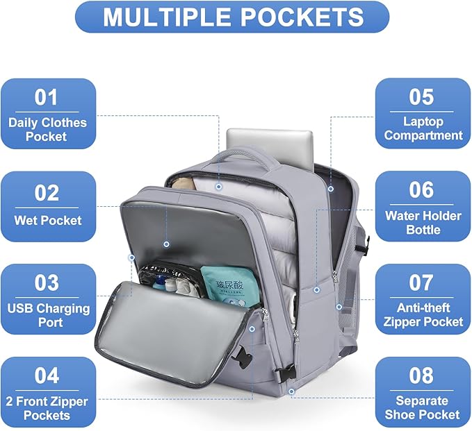 Grey Travel Backpack - Carry On Flight Approved Mochila De Viaje Personal Item - Large Backpack for Men & Women - 18x14x8 Inches