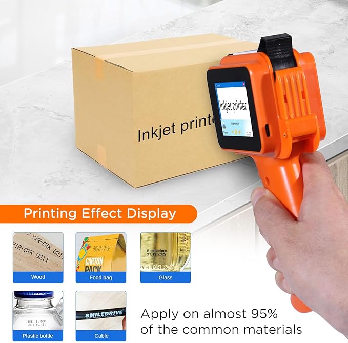 Handheld Inkjet Printer with 42ml Quick-Drying Ink Cartridge, 0.5 Inch Nozzle Ink Jet Coding Machine for EXP Date/Batch Number/QR Code/Barcode/Logo/Text (ZM-C12mini) (Orange)