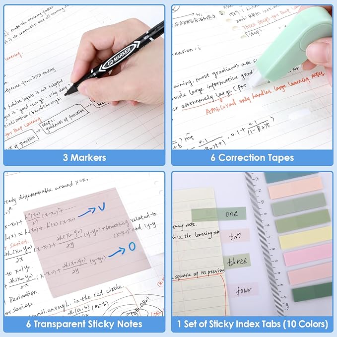 54 PCS Aesthetic School Supplies, Stationery Essentials Set with Large Pen Case, Mechanical Pencils & Black Ink Gel Pens with Refills, Markers, Erasers, Highlighters, Sticky Notes, Correction Tapes