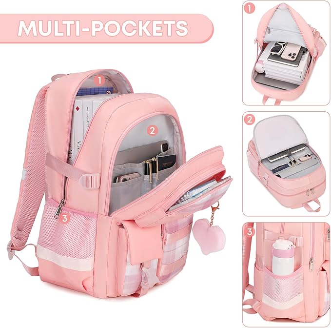 3PCS Student Backpack For School Women College Middle High Teen Girls Bookbag Waterproof Laptop Bag Plaid Pink