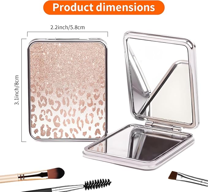 Compact Pocket Mirror, Cute Travel Mini Mirror with Magnification, Foldable Double-Sided Portable Cosmetic Mirror for Men, Women Glitter Rose Leopard