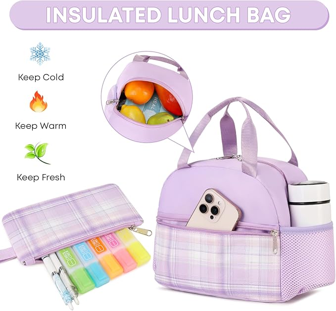 3PCS School Backpack For Student Women College Middle High Teen Girls Bookbag Waterproof Laptop Bag Plaid Purple