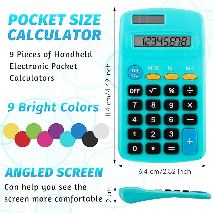 Pocket Size Student Function Calculator Basic Solar Battery Calculator Bulk Mini Colorful Calculator for Student Kids School Home Office Desktop Accounting Tools(9 Pieces)