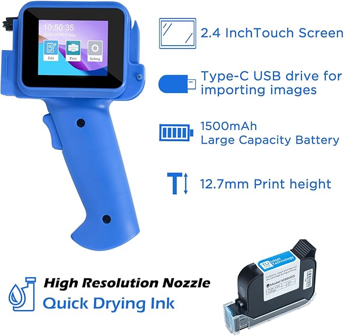 Handheld Inkjet Printer with 42ml Quick-Drying Ink Cartridge, 0.5 Inch Nozzle Ink Jet Coding Machine for EXP Date/Batch Number/QR Code/Barcode/Logo/Text (ZM-C12mini) (Blue)